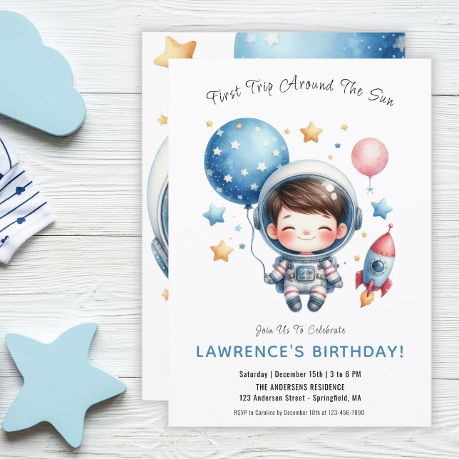 Cute Astronaut Outer Space First Birthday Invitation (Outer Space Cute Austronaut Boy 1st First Birthday Invitation)