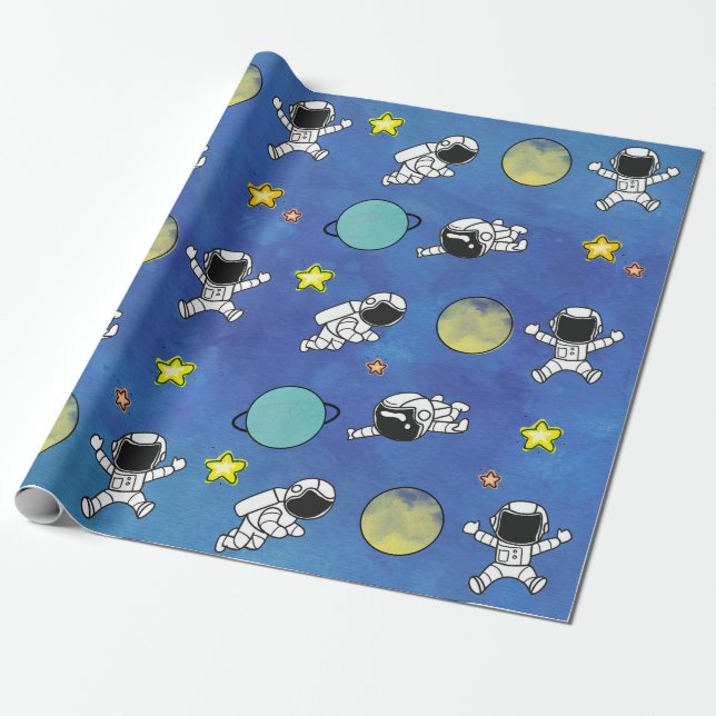 Cute Astronaut Outer Space Star Planet Wrapping Paper (Unrolled)