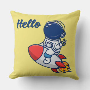 Cute Astronaut Riding Rocket "Hello" Throw Pillow