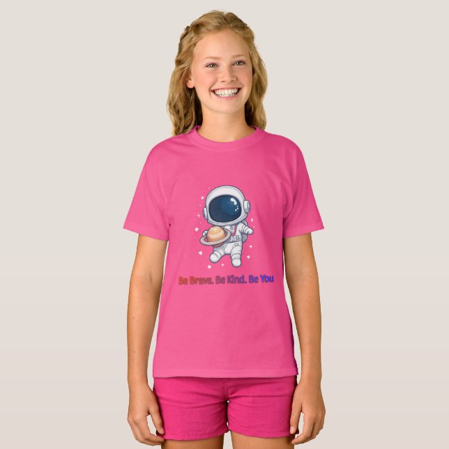 Cute Astronaut Saturn Planet Space Explorer T-Shirt (Front Full)