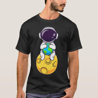 Cute Astronaut Sitting On The Moon Holding Earth C T-Shirt