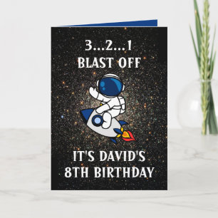 Cute Astronaut Space Rocket Blue 8th Birthday Card