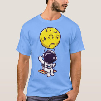 Cute Astronaut Swing On Moon And Waving Hand Carto T-Shirt