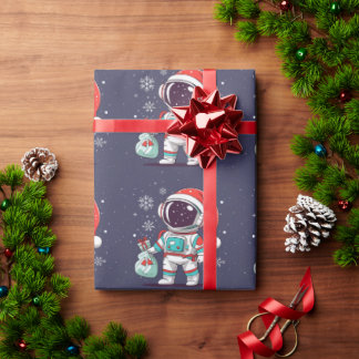 Cute Astronaut With Christmas Hat In Galaxy Wrapping Paper
