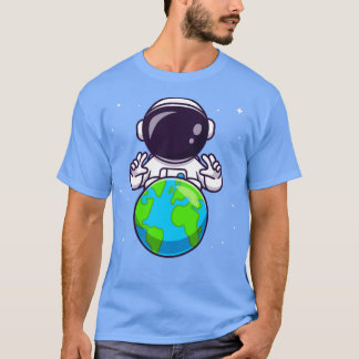 Cute Astronaut With Earth In Space Cartoon T-Shirt