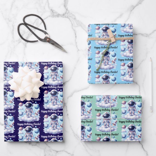 Cute astronaut Wrapping Paper Flat Sheet Set of 3 (Front)