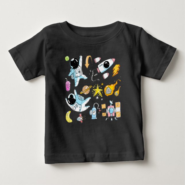 Cute Astronauts in Space Doodles Baby T-Shirt (Front)