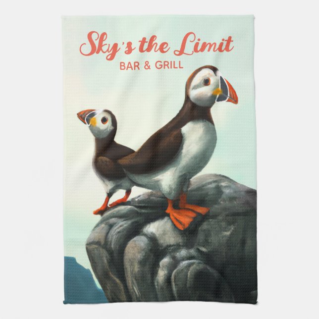 Cute Atlantic Puffins Seabirds on the Rocks Tea Towel (Vertical)