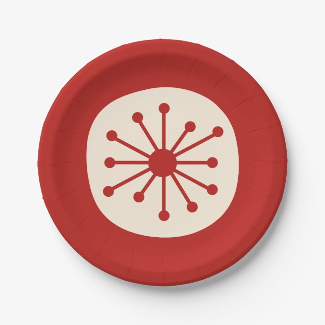 Cute Atomic Dot Retro Mid Century Minimal Red Paper Plate (Front)