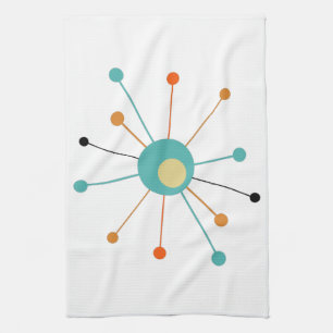 Cute Atomic Star Retro Turquoise Orange Midcentury Tea Towel