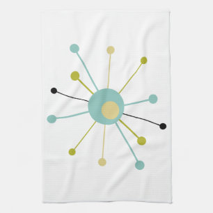 Cute Atomic Star Retro Turquoise Yellow Midcentury Tea Towel