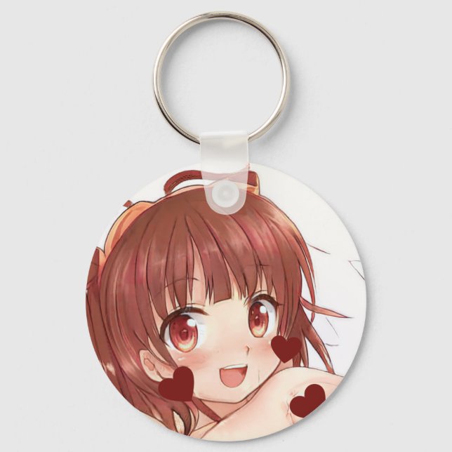 Cute auburn haired anime girl rose gold eyes heart key ring (Front)