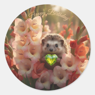 Cute August Hedgehog with Peridot Heart Classic Round Sticker