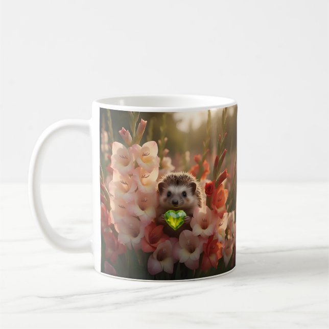 Cute August Hedgehog with Peridot Heart Coffee Mug (Left)