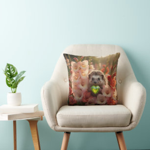 Cute August Hedgehog with Peridot Heart Cushion