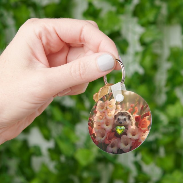Cute August Hedgehog with Peridot Heart Key Ring (Hand)
