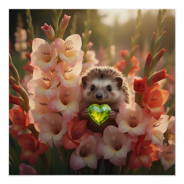 Cute August Hedgehog with Peridot Heart Poster (Front)