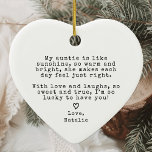 Cute Aunt Gift From Niece Nephew Auntie Christmas Ceramic Tree Decoration<br><div class="desc">Celebrate the special bond between an aunt and her niece or nephew with the Cute Aunt Gift From Niece Nephew Auntie Christmas Ceramic Ornament. This charming ornament features a vintage typewriter typeface, adding a nostalgic and heartfelt touch to your gift. Shaped like a heart, it serves as a beautiful keepsake...</div>