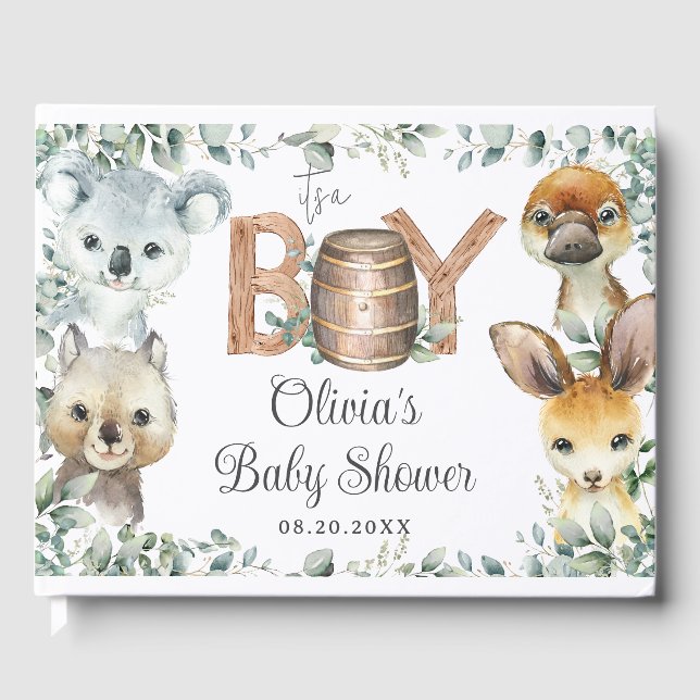 Cute Australian Animals Greenery Boy Baby Shower  Guest Book (Front)