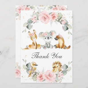 Cute Australian Animals Pink Floral Greenery Thank You Card