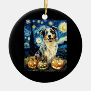 Cute Australian Shepherd Dog Halloween Jack O Lant Ceramic Tree Decoration