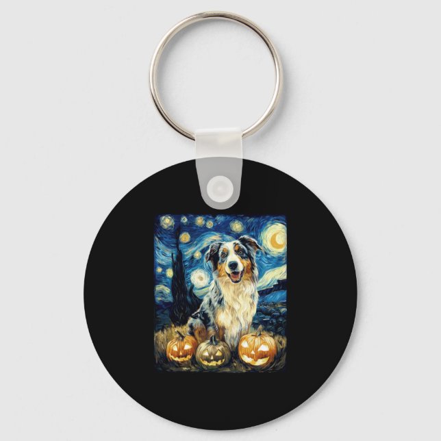 Cute Australian Shepherd Dog Halloween Jack O Lant Key Ring (Front)