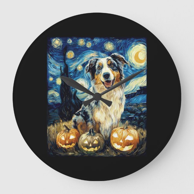 Cute Australian Shepherd Dog Halloween Jack O Lant Large Clock (Front)