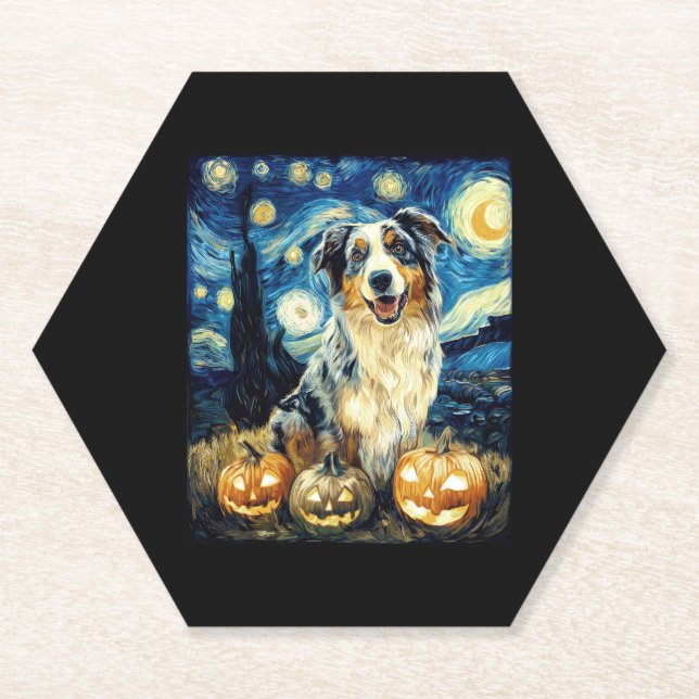 Cute Australian Shepherd Dog Halloween Jack O Lant Paper Coaster (Front)