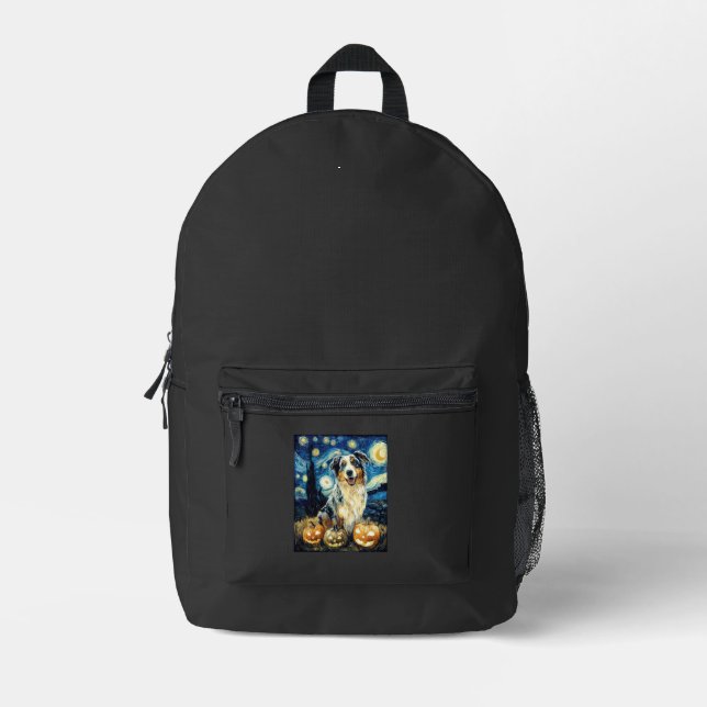 Cute Australian Shepherd Dog Halloween Jack O Lant Printed Backpack (Front)