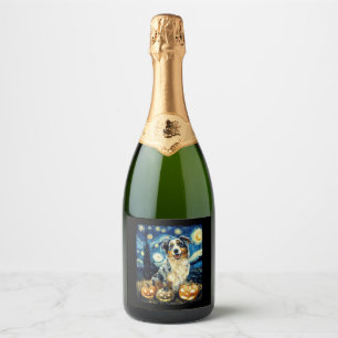 Cute Australian Shepherd Dog Halloween Jack O Lant Sparkling Wine Label