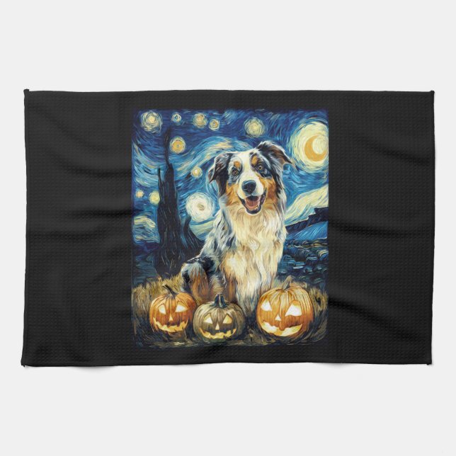 Cute Australian Shepherd Dog Halloween Jack O Lant Tea Towel (Horizontal)