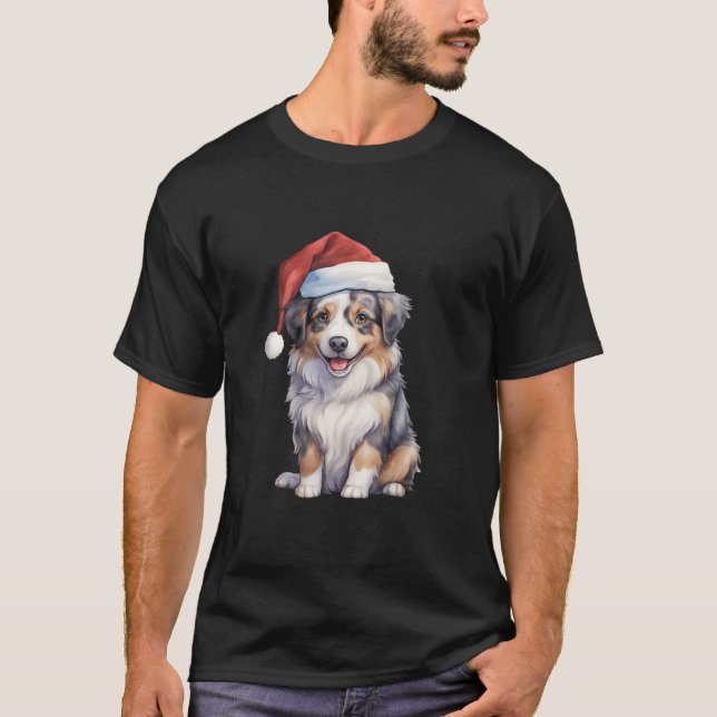 Cute Australian Shepherd Dog Puppy with Santa Hat  T-Shirt (Front)