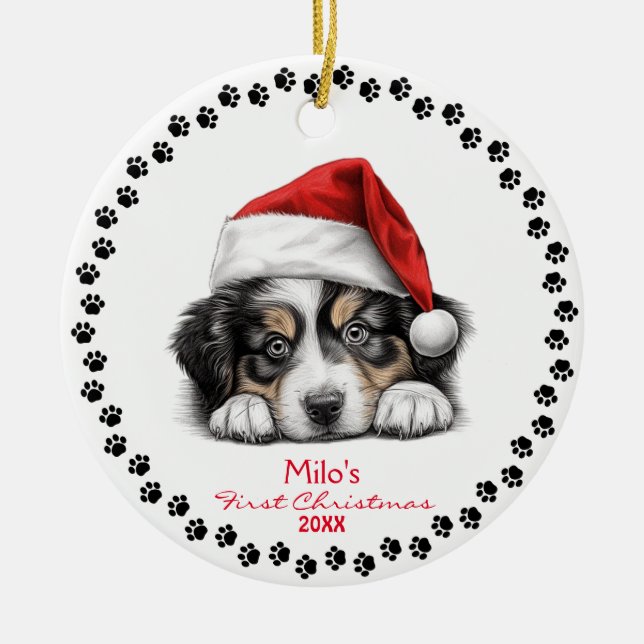 Cute Australian Shepherd Dog Santa Hat Pencil Art  Ceramic Tree Decoration (Front)