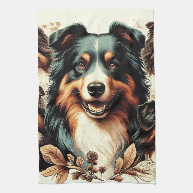 Cute Australian Shepherd Painting Tea Towel (Vertical)