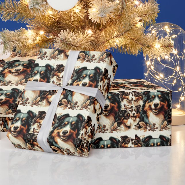 Cute Australian Shepherd Painting Wrapping Paper (Holidays)