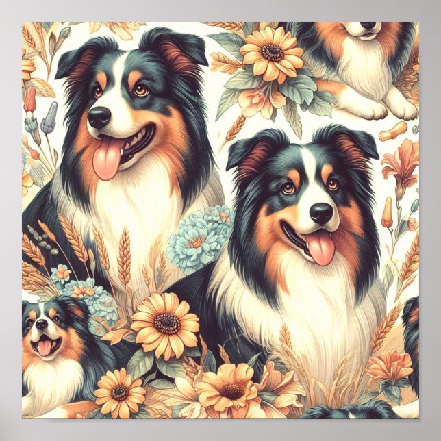 Cute Australian Shepherd Vintage Painting Poster (Front)