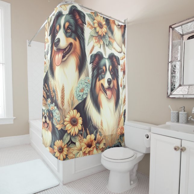Cute Australian Shepherd Vintage Painting Shower Curtain (In Situ)