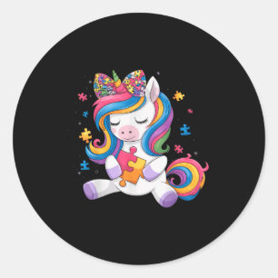 Cute Autism Awareness Toddler Girl Bow Unicorn Puz Classic Round Sticker