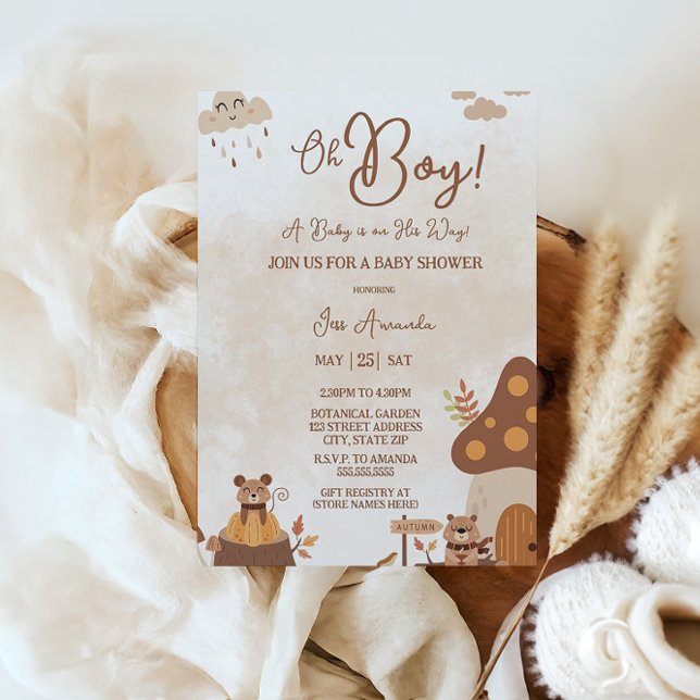 Cute Autumn Animals Forest Oh Boy Baby Shower Invitation (Creator Uploaded)