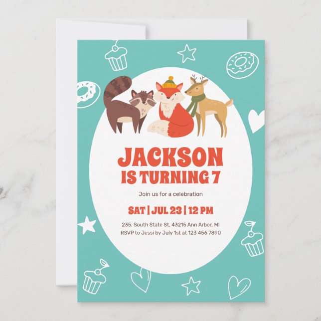Cute Autumn Animals Fox Deer Racoon Kids Birthday  Invitation (Front)