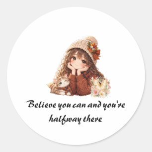 • Cute Autumn Anime Girl & Kitten Motivational Quo Classic Round Sticker