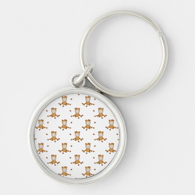 Cute Autumn Babies in Falling Leaves Pattern Key Ring (Front)