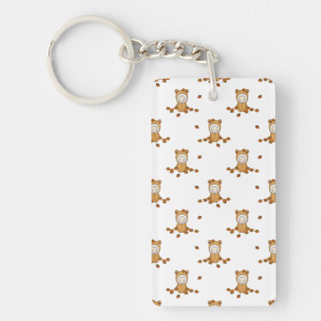 Cute Autumn Babies in Falling Leaves Pattern Key Ring (Front)