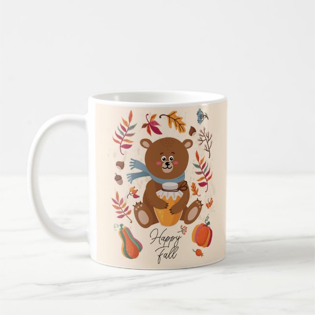Cute autumn baby bear with honey and custom text  coffee mug (Left)