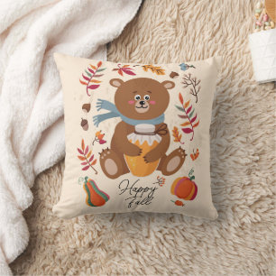 Cute autumn baby bear with honey and custom text cushion