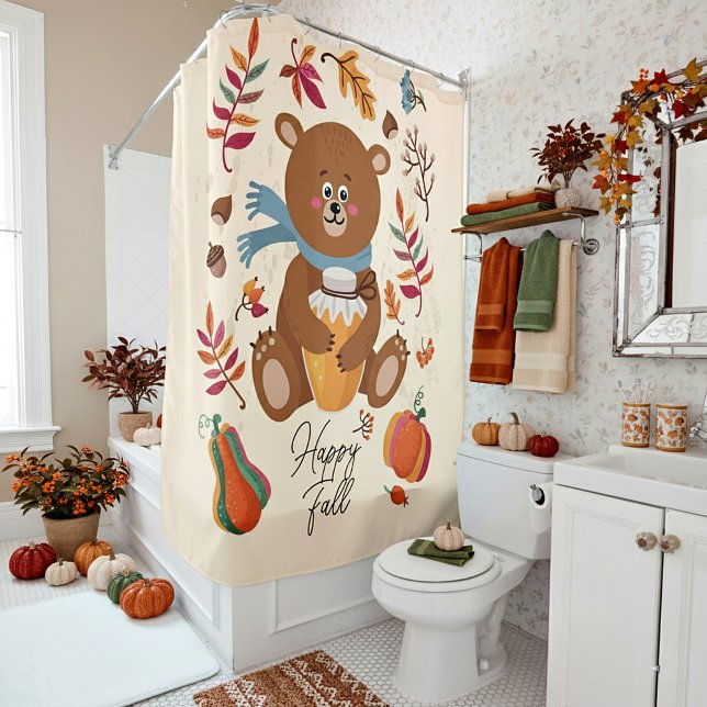Cute autumn baby bear with honey and custom text shower curtain (Creator Uploaded)