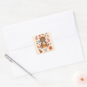 Cute autumn baby bear with honey and custom text square sticker
