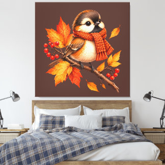 Cute Autumn Bird with Cosy Scarf – Fall Leaves Canvas Print