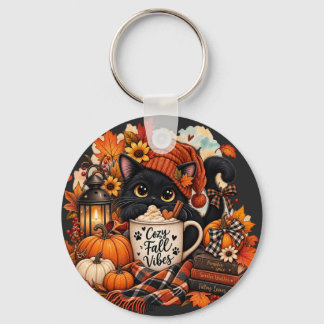 Cute Autumn Black Cat Key Ring