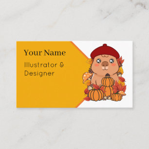 Cute Autumn Capybara with Pumpkins and Red Beret Business Card